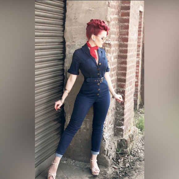 COPY - Uk16 USA12 Collectif Jumpsuit denim slight stretch - Picture 2 of 4